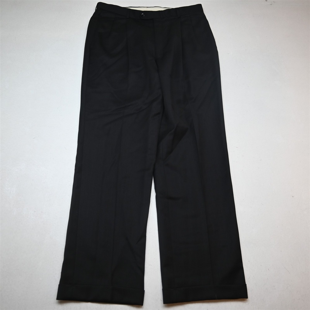 Bespoke 34x32 Black Wool Pleated Cuffed Classic Dress Mens Pants